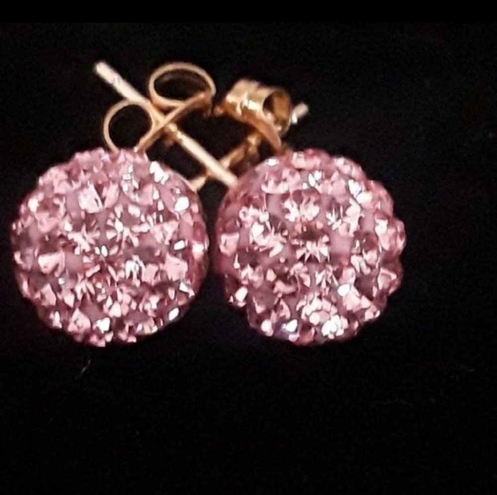 10K Solid Gold & Pink Crystal Earrings 8MM
